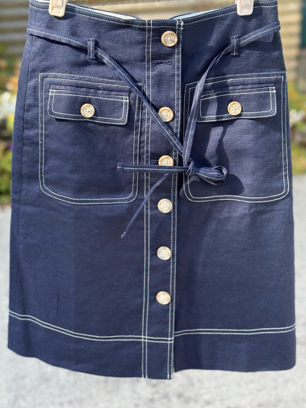 J.Crew Navy Contrast Stitch Button Front Belted Utility Skirt Size 6